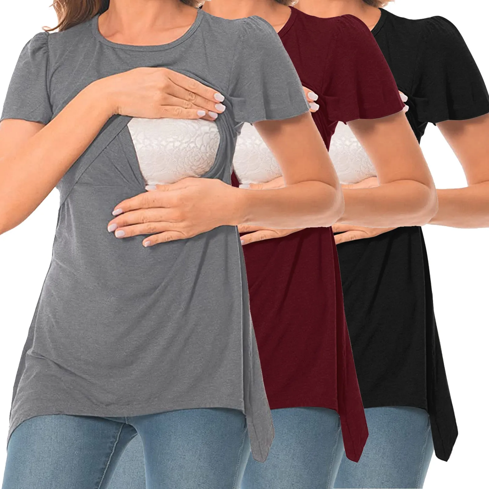 

3Pcs T Shirts Sets For Maternity Womens Short Sleeve Hem Tee Shirt Pregnancy Casual Basic Nursed Blouse Breastfeeding Tops Set