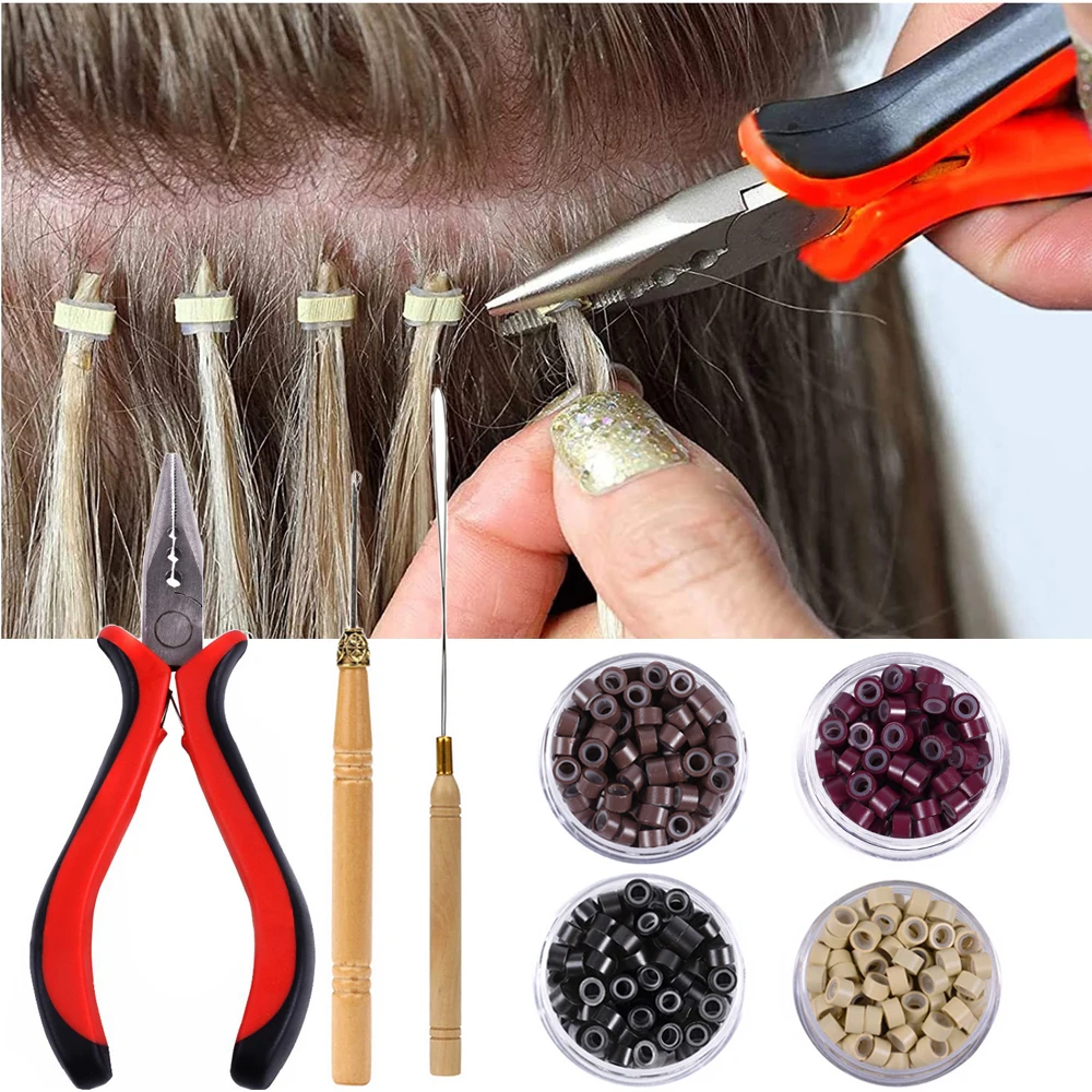 1 confezione di kit di pinze per estensioni dei capelli 500 pezzi micro collegamenti/perline + 1 pezzo di ago da trazione + 1 pinze per estensioni dei capelli