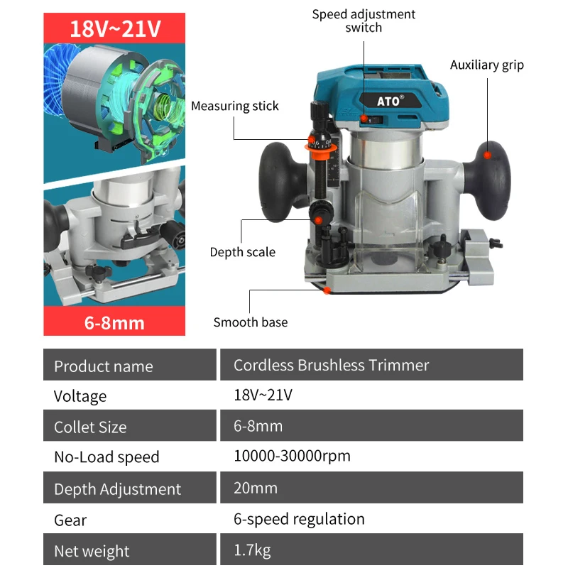 ATO A8122 Brushless Cordless Laminate Trimmer 21V Grooving Carving Electric Router Woodworker Carpenter Tools
