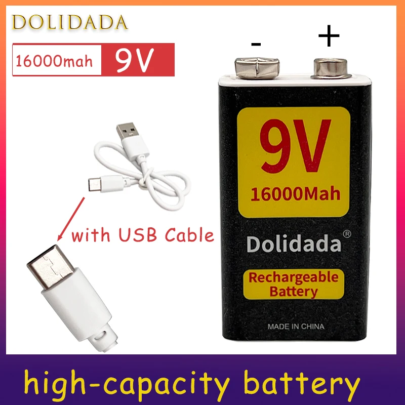 

New 9V 16000mAh Battery Rechargeable Lithium Li-ion Battery for Multimeter Microphone Toy Remote Control+special Charging Cable