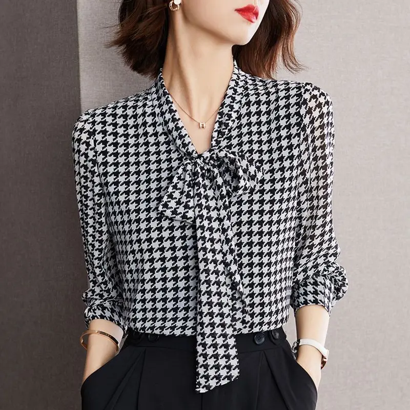 Elegante botão emendado houndstooth laço acima blusa feminina roupas primavera 2023 nova coreano pullovers chiffon escritório senhora camisa