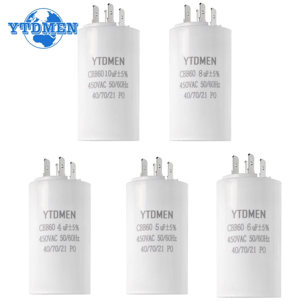 1PCS CBB60 Starting Capacitor 450VAC 4pin Double Insert Electric Replacement Motor Run Capacitors 4UF 5UF 6UF 8UF 16UF 20UF 60UF
