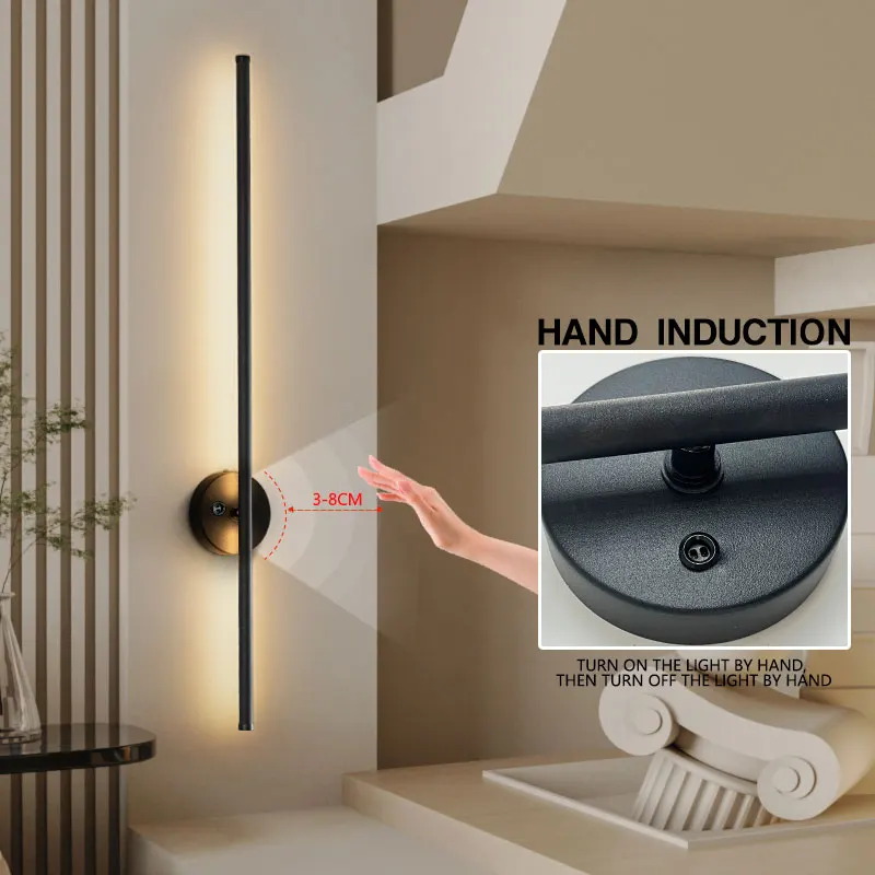 

Hand Induction LED Wall Lamp Modern Bedside Foyer Corridor Black Wall sconce Up Down 360° Rotatable Long Strip Wall Lighting