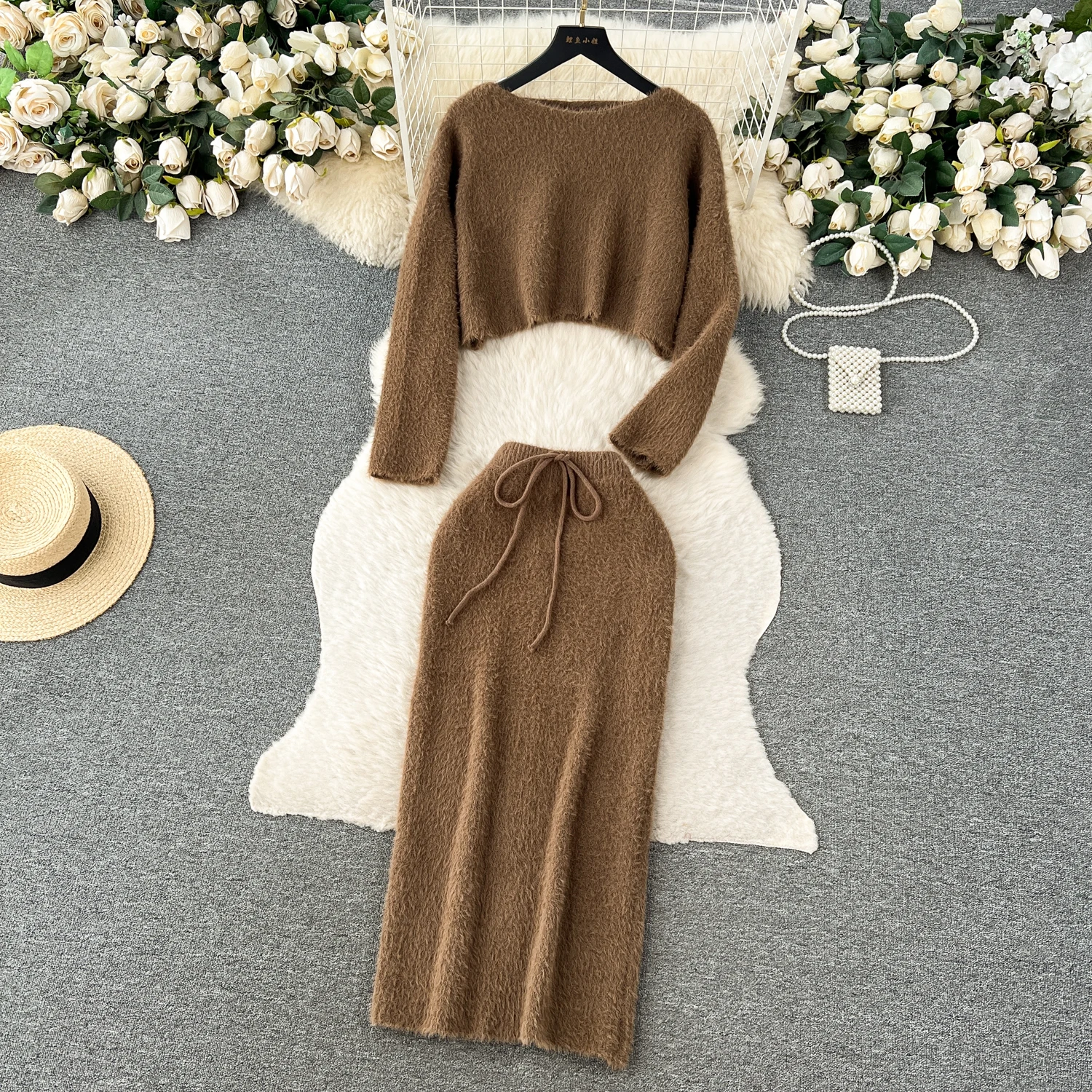 Elegant Women Faux Mink Skirt Suit Solid Fluffy Warm Soft Pullover Short Shirts+High Waist Bow Sheath Hips Skirts Two Pieces Set