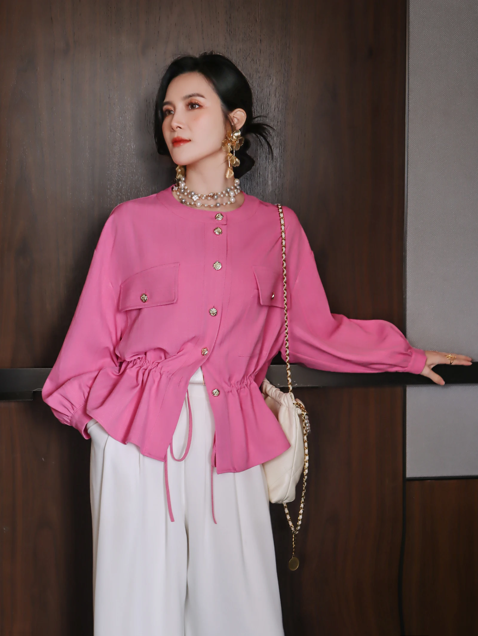 

Ele Pink Lazy Sle Dstring Waist Coat Women's round Ne Versatile Ele Little Windbreaker Luxury Loose Fit Long S...