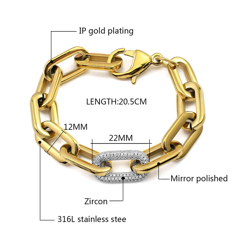 Fashion Crystal Stone Links Punk Metal Heavy Big Thick Chain Bracelet Necklace Sets for Women Wrist Chain Bangles Geometric Link