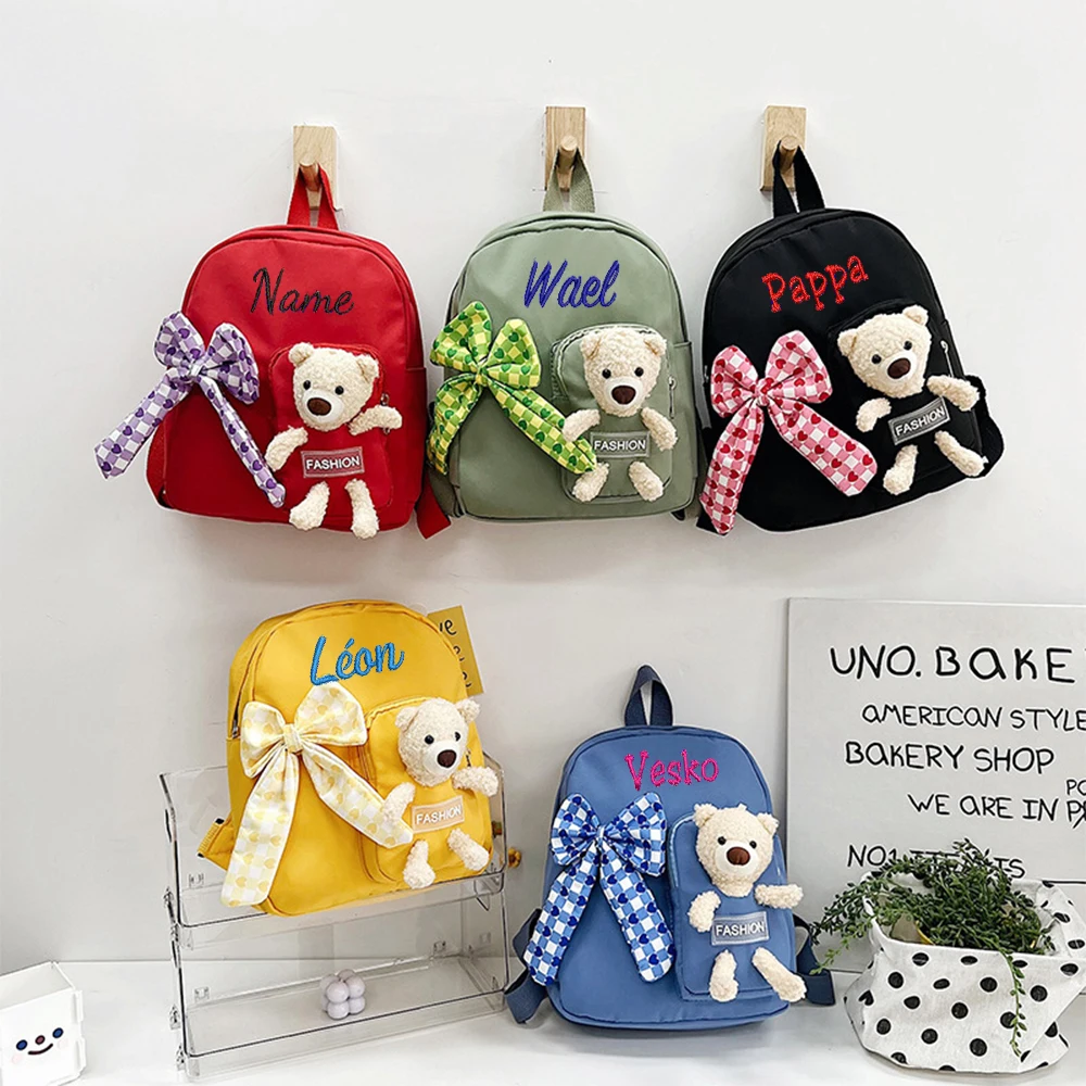 

New Embroidered Cartoon Bowtie Children's Bag Personalized Kindergarten Bear Doll Children's Backpack with Name Gift Bag