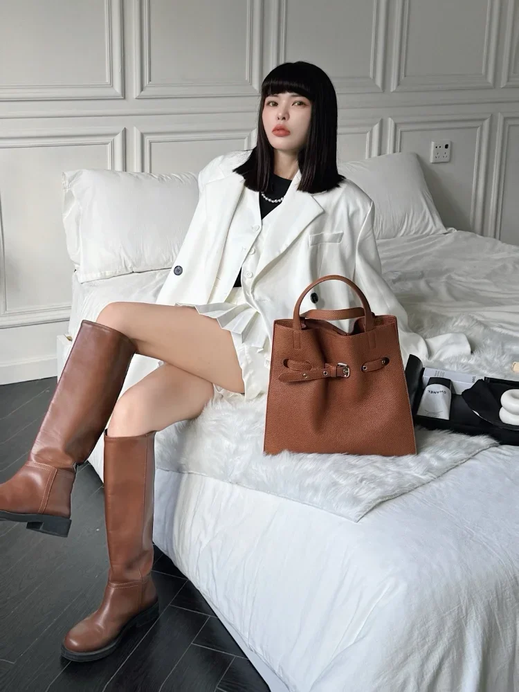 New 2025  Winter Large Tote Luxury Natural Cow Leather Women\'s Shoulder Bag Autumn Cowskin Commuter Female Handbag Kakhi