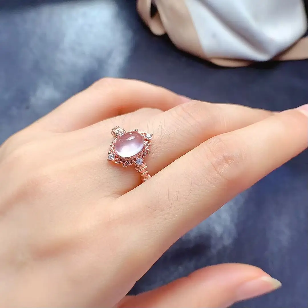 Vintage Design 925 Silver Ring Natural Rose Quartz Ring 6mm*8mm 1ct Genuine Rose Quartz Jewelry with 18K Gold Plating