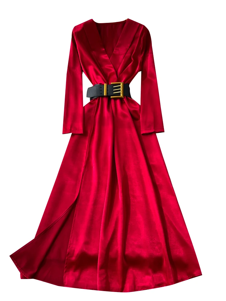 エレ レディース ロング ドレス 2025 秋新作 ハイエンド感 ベルト付き ウエスト Vネック スリット入り サテン Aラインスカート 通勤