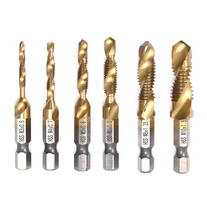 Tap Drill Bit Set Compound Tap M3 M4 M5 M6 M8 M10 Hand Tools Hex Shank Titanium Plated HSS Screw Thread Bit Screw Machine