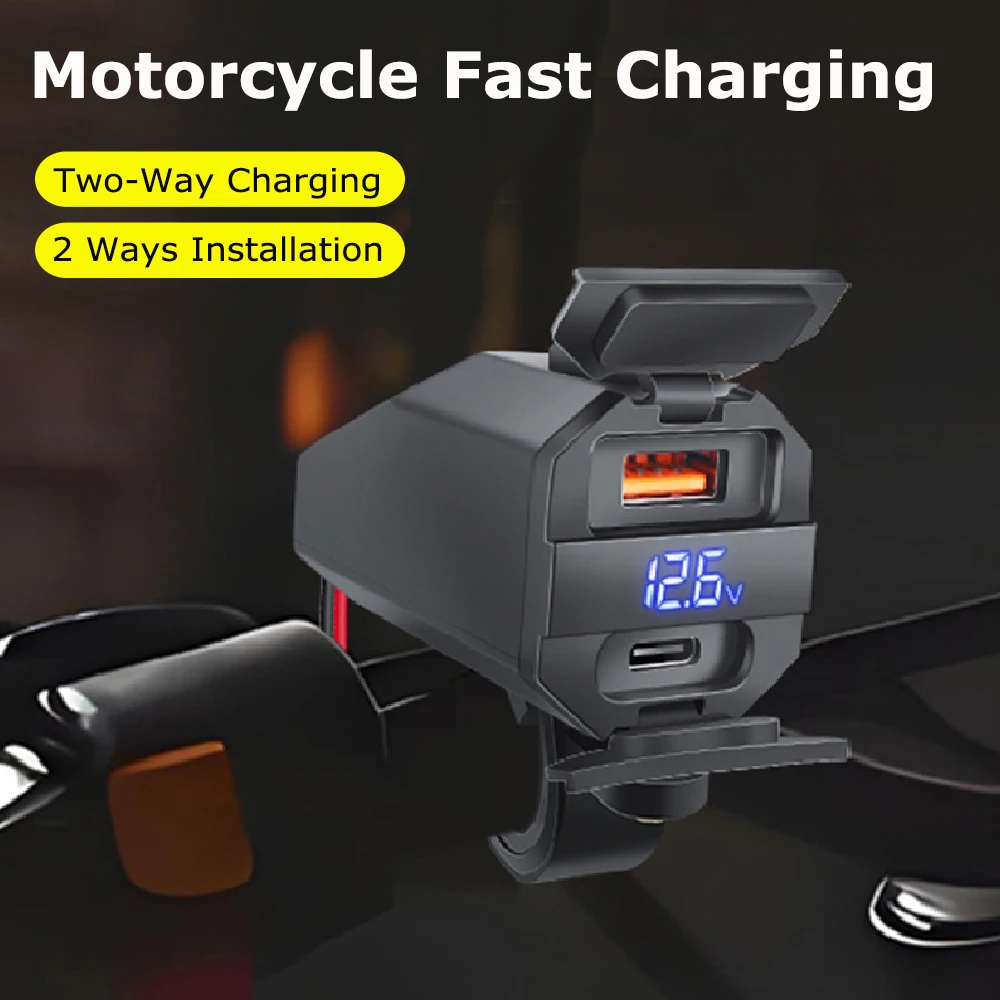 

100W Motorcycle USB Phone Fast Charger Two-Way Charging USB Type-C Moto Battery Emergency Charger Voltmeter 2 Ways Installation