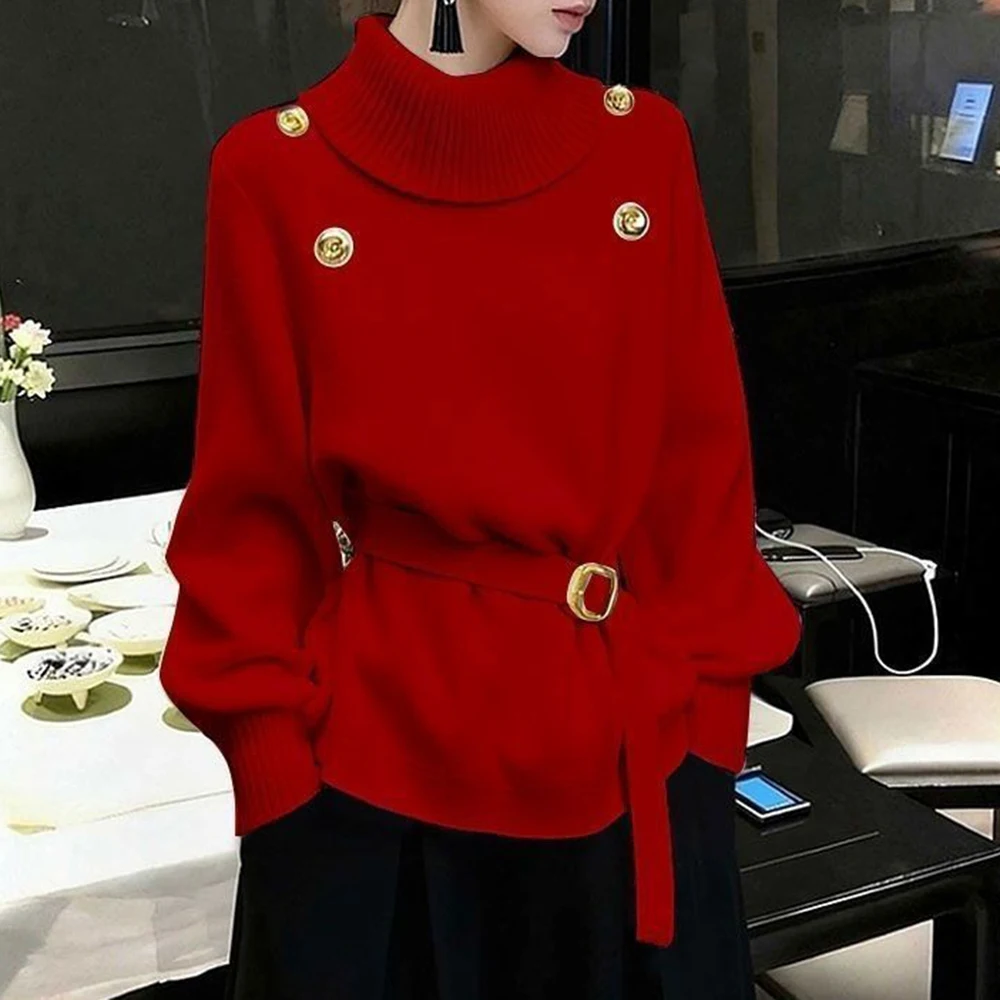 Camisola feminina 2025 novo único chique enorme boa aparência cintura rendas temperamento branco gola alta malha topo inverno