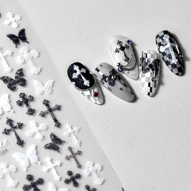 Sexy Woman Black White Lace Butterfly Cross 5D Soft Embossed Relief Self Adhesive Nail Art Decoration Sticker Manicure DIY Decal