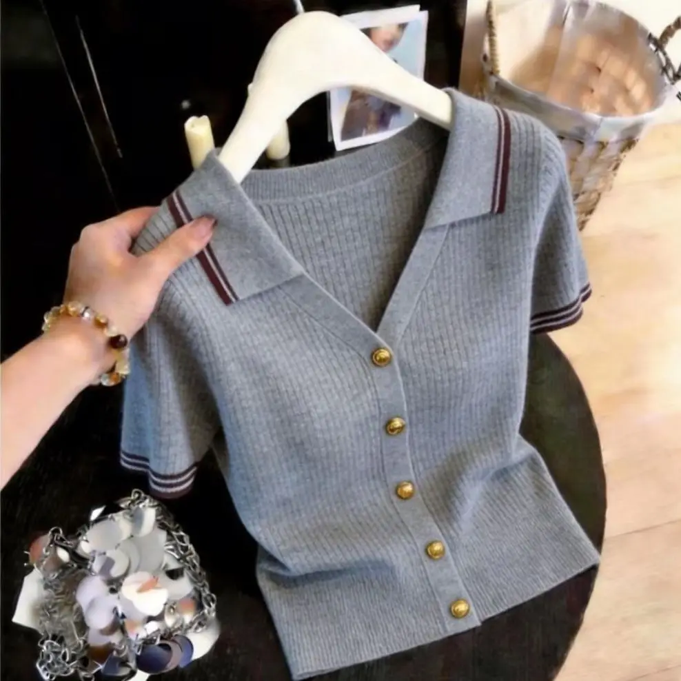 

Polo Neck Ice Silk Short Sleeved Top for Women New Summer Korean Version Stylish and Slimming T-shirt