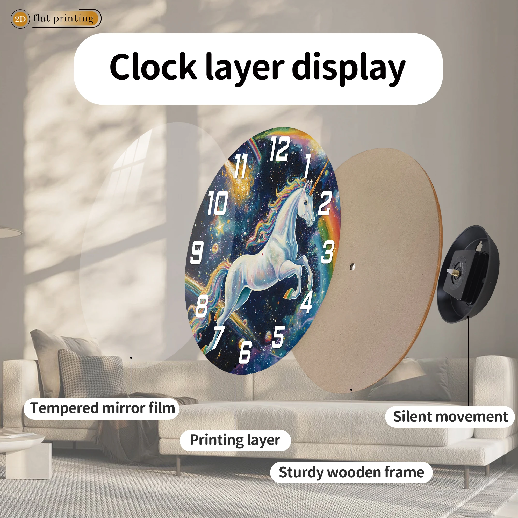 Magical Unicorn in Galaxy Wall Clock - Colorful Space Nebula 2D Flat Printed Round Clock - Silent Non-Ticking Fantasy Timepiece