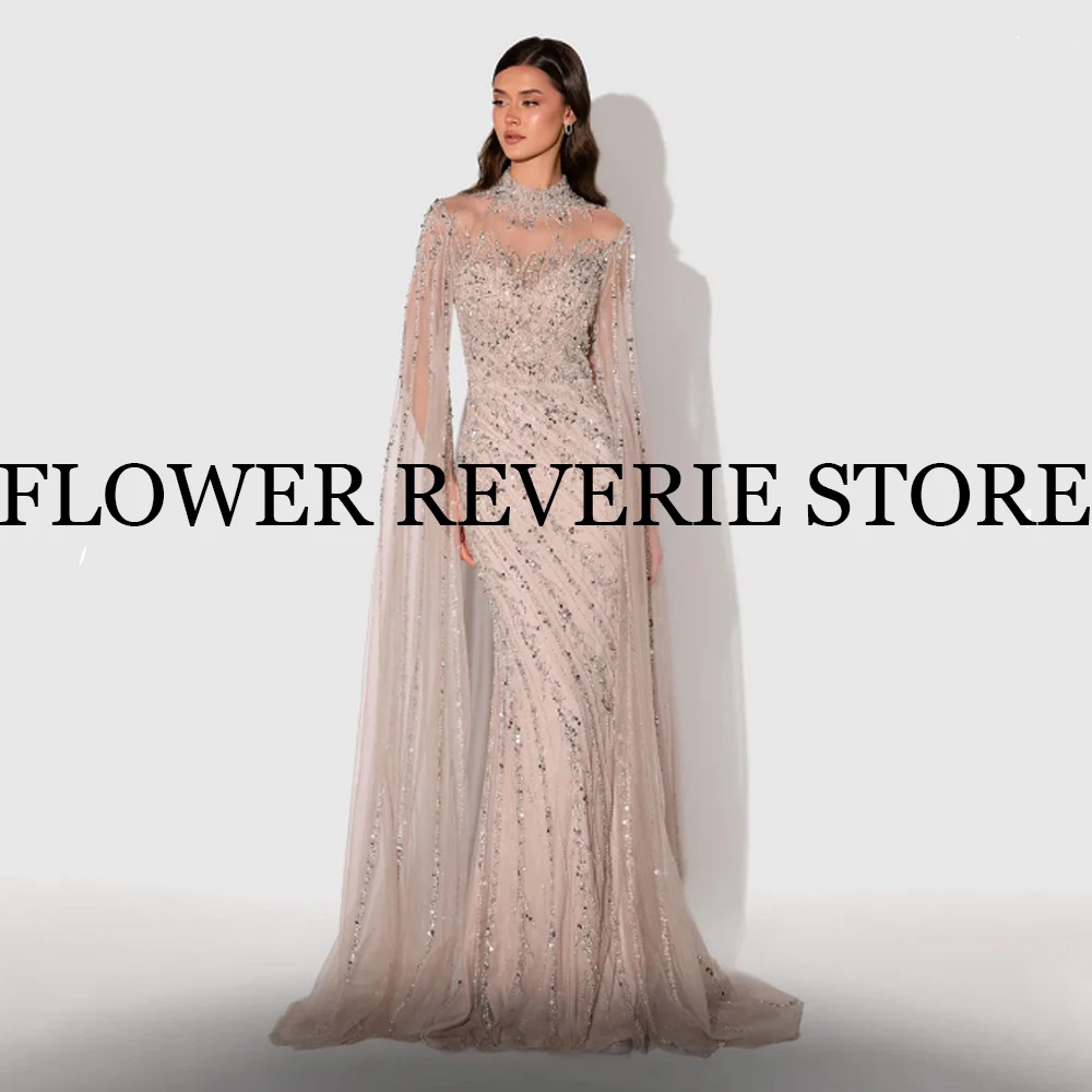 Высокое качество по индивидуальному заказу, простые классические изысканные сетчатые бисерные плиссированные рюши, длинные платья трапециевидной формы с высоким воротником, вечерние платья