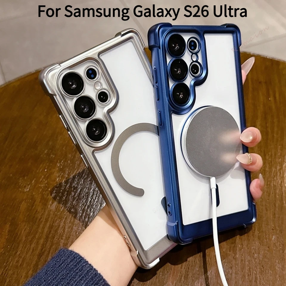 Transparent Airbag Shockproof PC for Magsafe Case for Samsung Galaxy S26 Ultra S25 S24 FE Plus S23 Wireless Charge Protect Cover