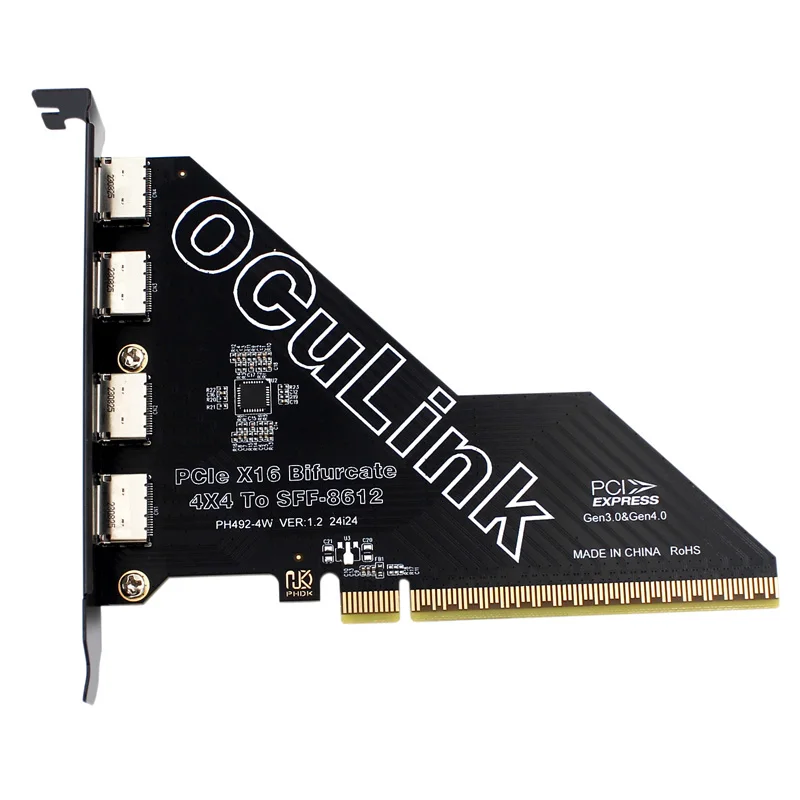 PCIE 4.0 X16 to 4Port OCulink SFF-8612 Split Bifurcation Card PCI Express GEN4 64Gb for SFF-8639 U.2 SSD External OCulink Device