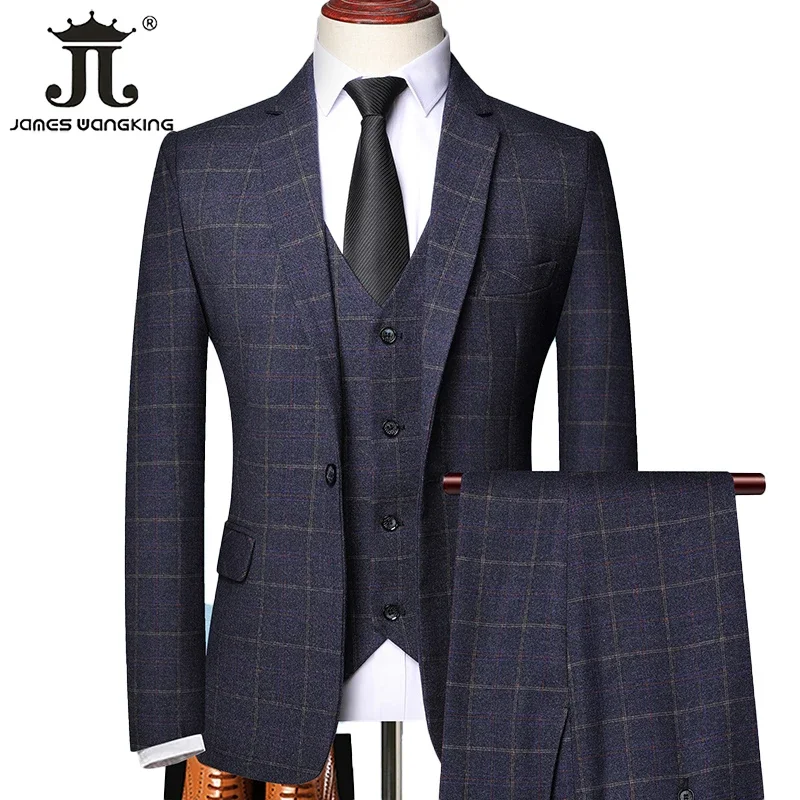 Blazer Vest Pants  Boutique Plaid Men\'s Formal Groom Wedding Dress Slim Suit 3Pcs or 2Pcs Men\'s Casual Business Suit Tuxedo