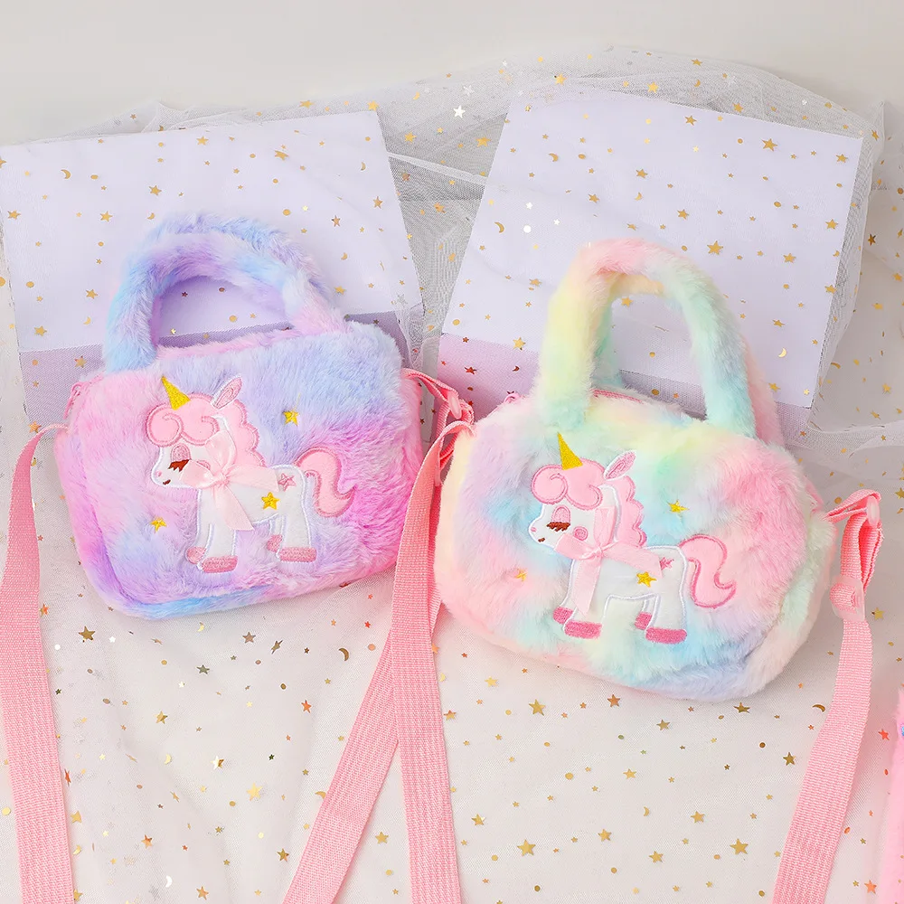 Cute Embroidery Unicorn Plush Crossbody Bag Europe And America Little Girls Rainbow Coin Purse Cartoon Furry Shoulder Bag