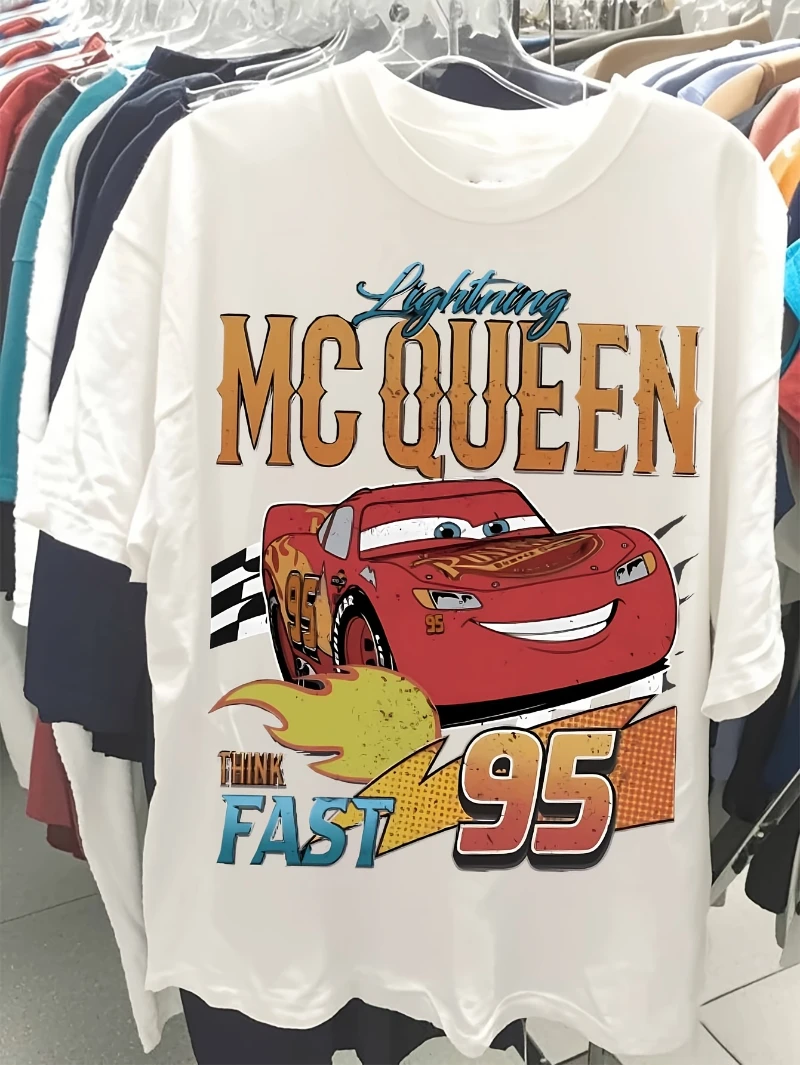 

Футболка с быстрым принтом Disney Lightning Mcqueen Think, женская и мужская модная повседневная летняя спортивная свободная футболка с круглым вырезом и короткими рукавами