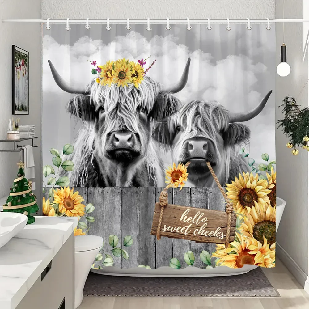 Funny Highland Cow In Bathtub Shower Curtain Green Plants Eucalyptus Leaves Sunflower Lavender Shower Curtains Bathroom Decor