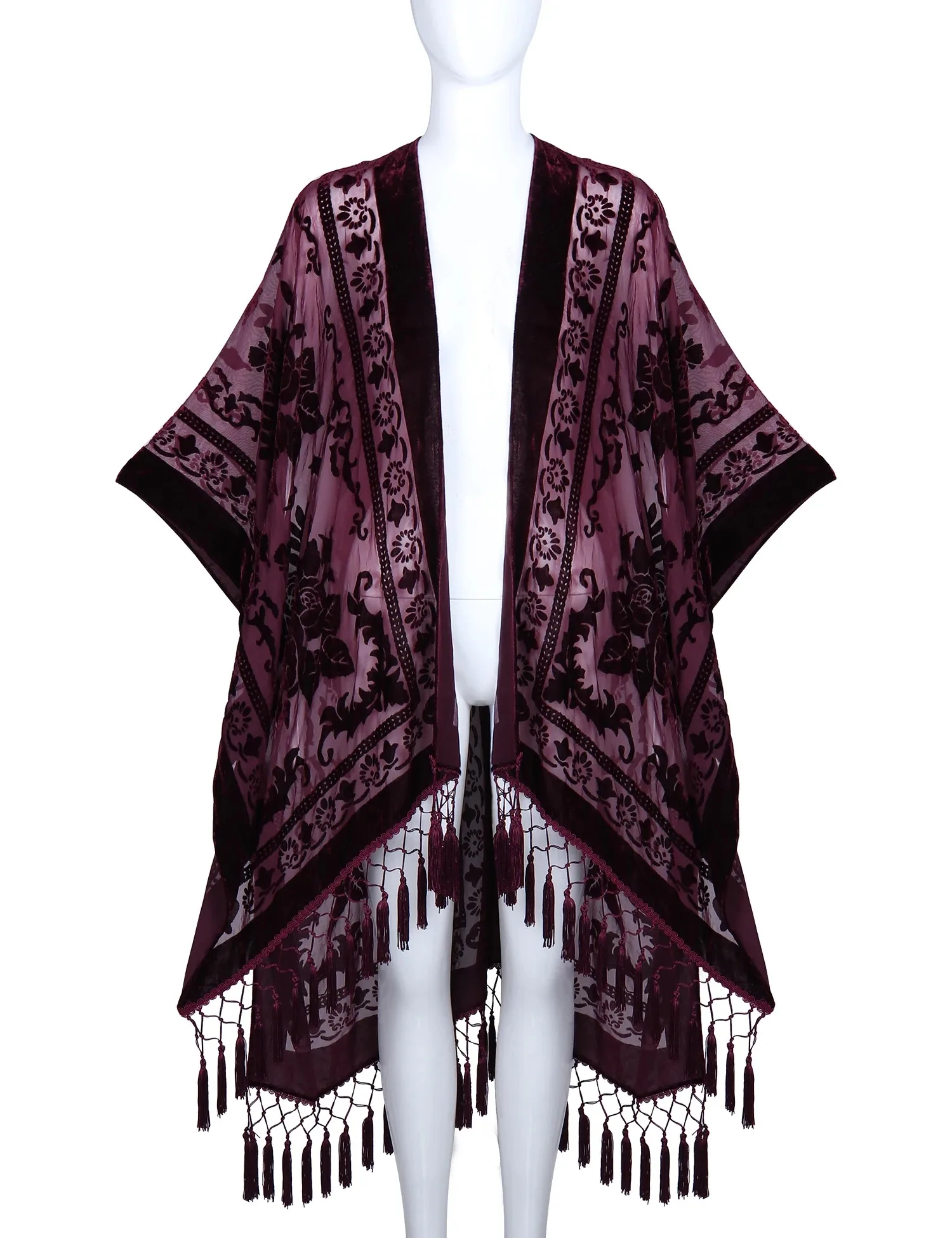 

Jiyun-Bohemian burnt plush kimono Women's Purple Tassel Beach Cover-up Holiday Casual long Cardigan Shawl ﻿