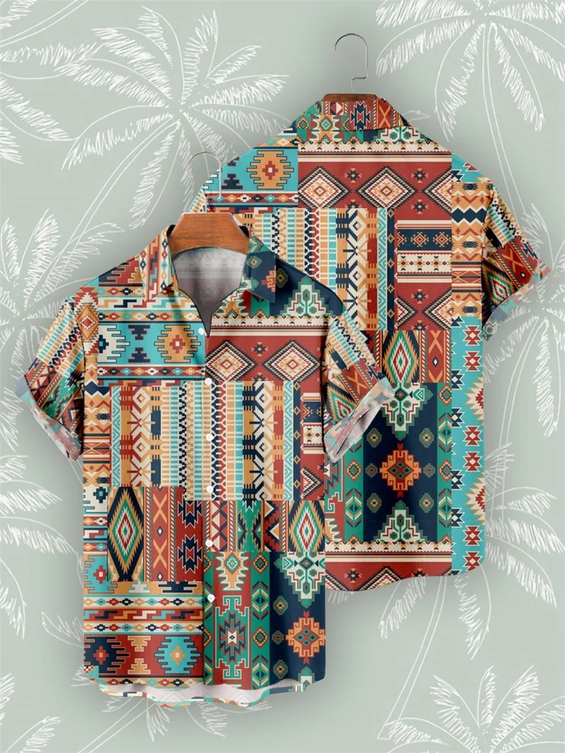 

Summer Short Sleeve Retro Bohemian African Tribe Pattern Hawaiian Shirts 3D Print Men's Casual Button Beach Shirt Blouse Tops