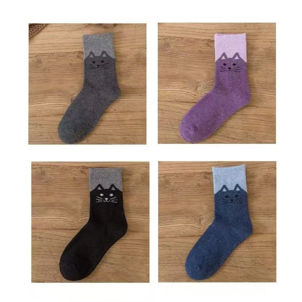 5 Pairs Soft Breathable Cotton Crew Socks Elastic Cuff Wear Resistant Mid Calf Socks Jacquard Skin Friendly Cartoon Cat Socks