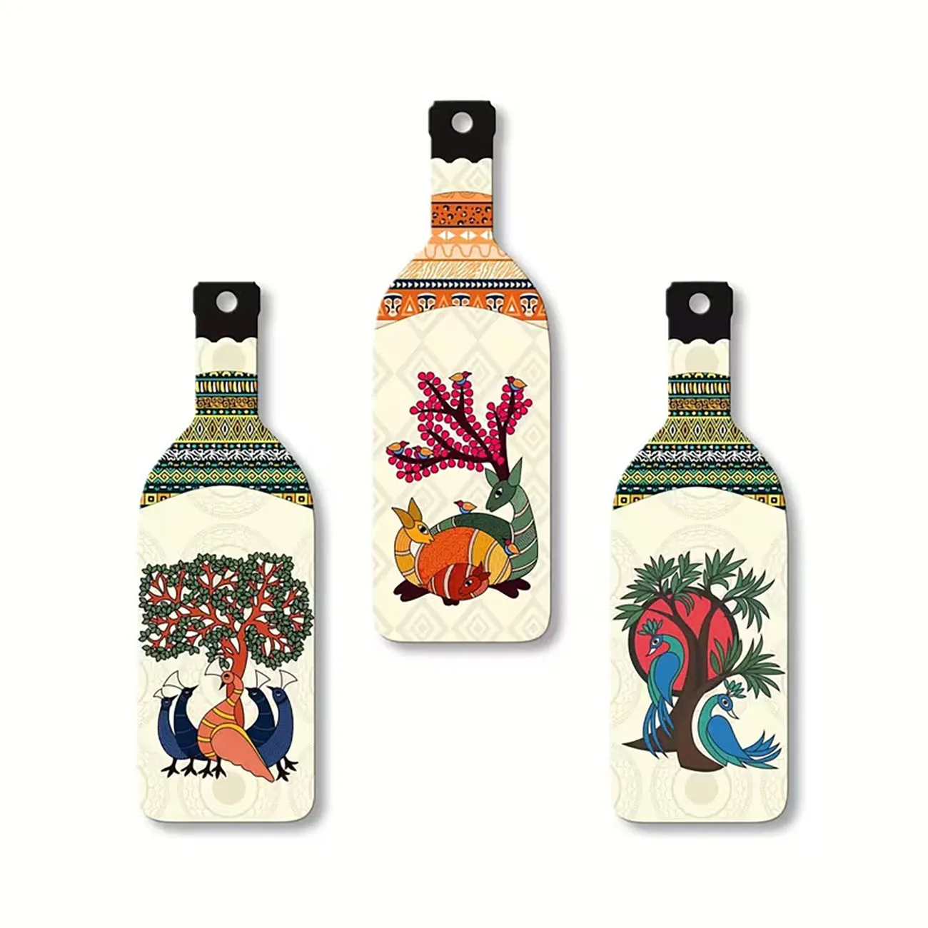 **** 3 Pcs Wooden Paddle Wall Decor Ethnic Folk Art Printed Pendants for Home Kitchen Wall Hanging Decoration