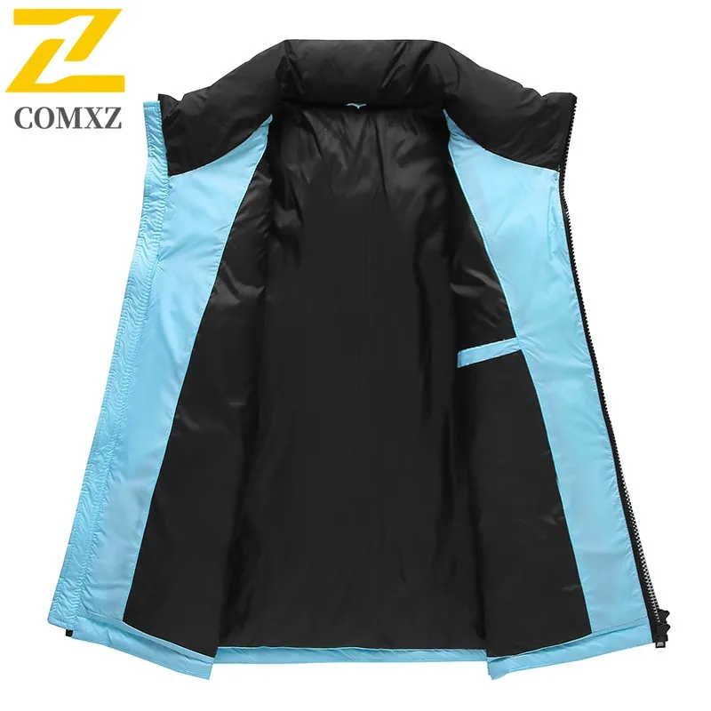 COMXZ Autumn Winter New Couple Down Jacket Plain Color Block Down Stand Collar Coat Solid Color waterproof and windproof Parka