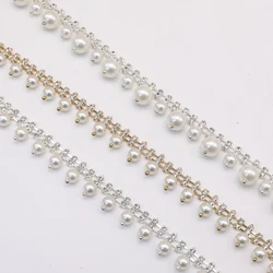 1 yard pearls rhinestones trim Ribbon crystal metal chain for dress,bag,shoes accessories