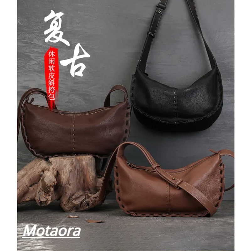 MOTAORA Handmade Top Layer Cowhide Bags For Women Dumpling Handbag High-end Crescent Shaped Half Moon Female Single Shoulder Bag