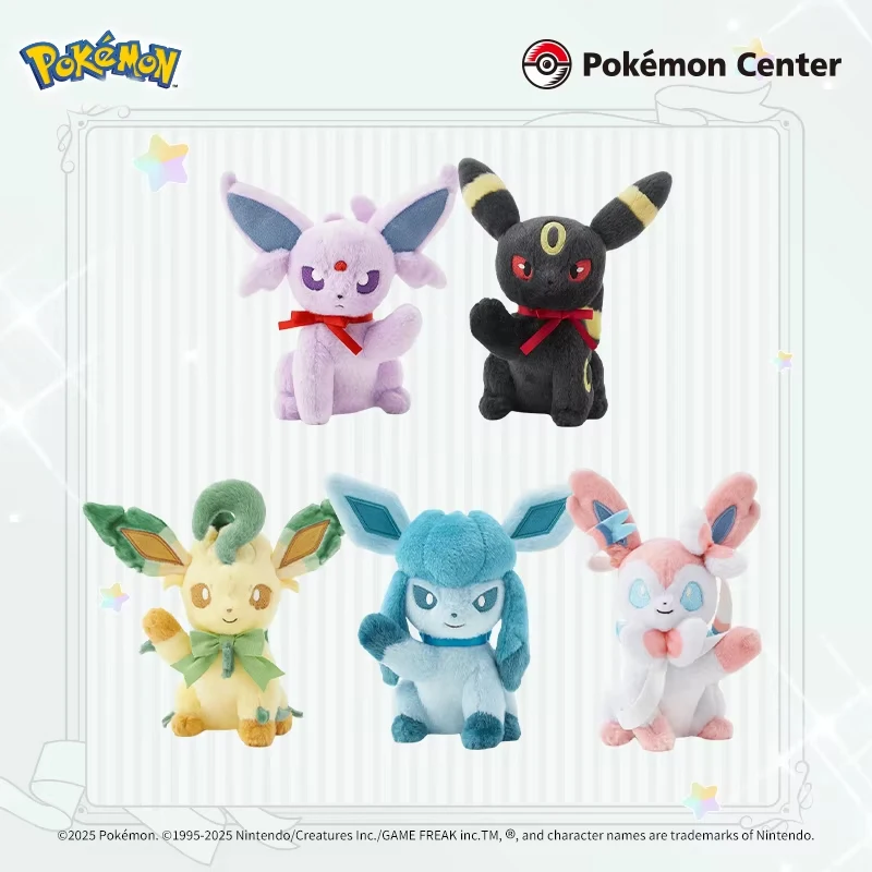 Genuine Pokemon Eeveelution Partners Series Plush Toy Cute Bow Eevee Family Stuffed Doll Collectible Figure Birthday Gift Decor