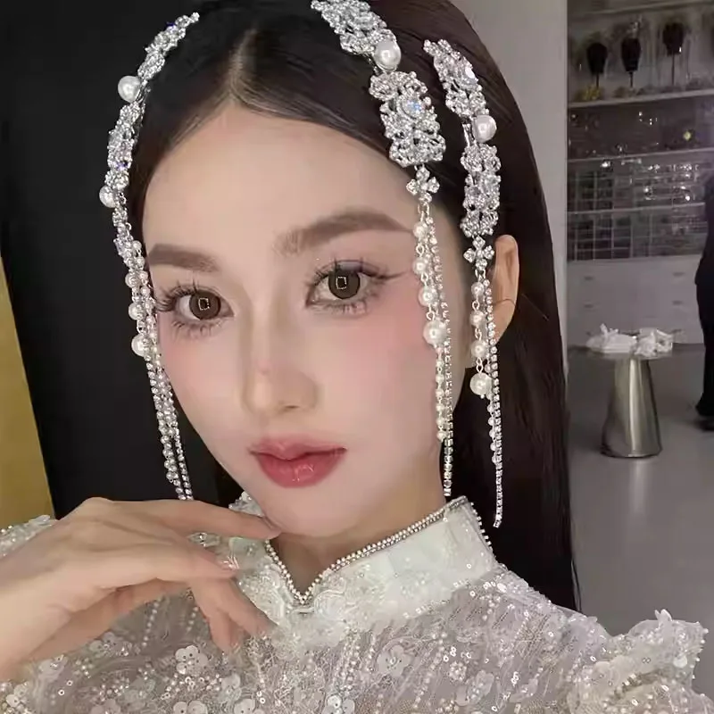 Full Rhinestones Imitation Pearls Long Tassel Ethnic Style Duckbill Hair Clips Bride\'s Wedding Headwear for Women New in 2026