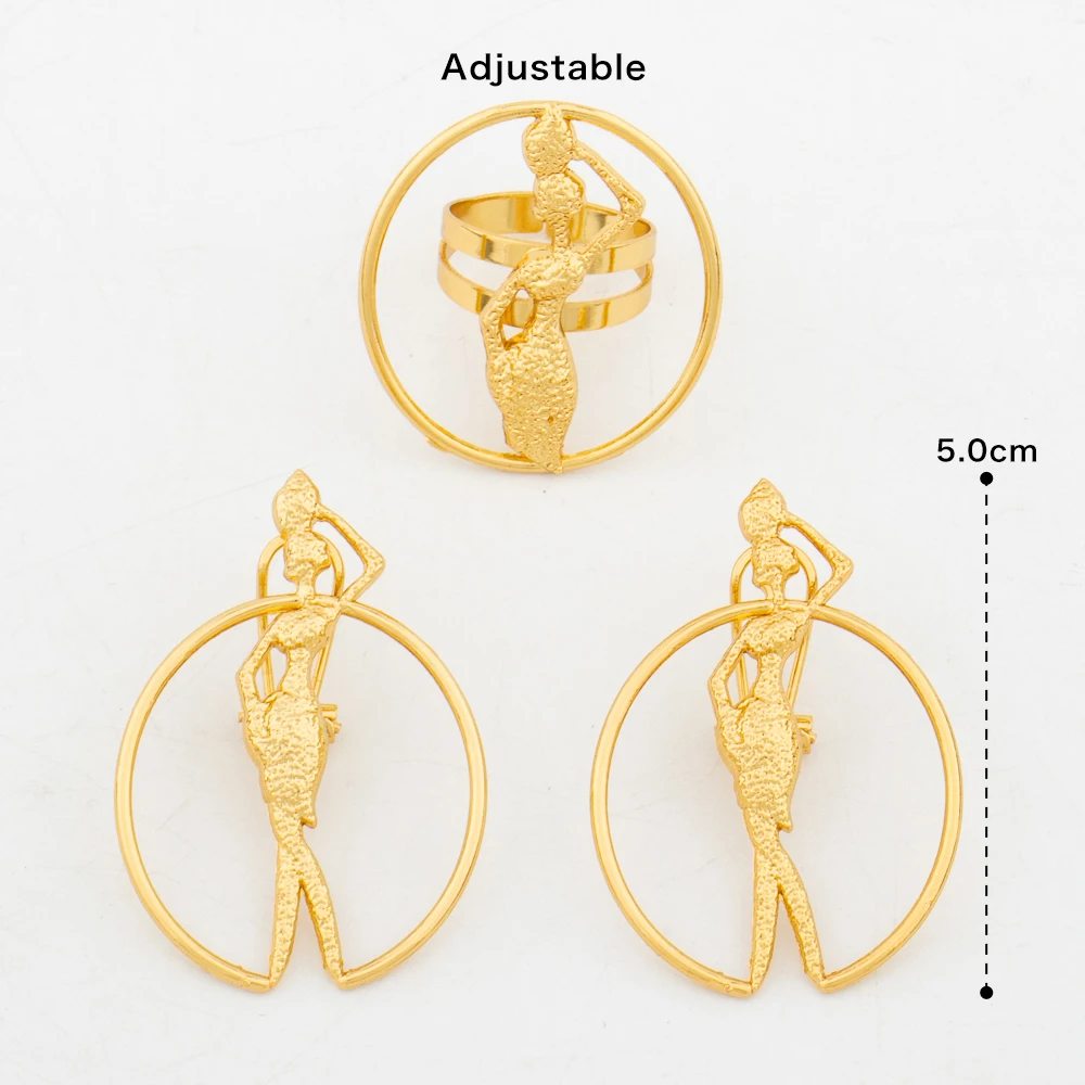 Afrikanisches Goldschmuck-Set 18K Vergoldete Halskette und Ohrringe Armreif Ring Set für Frauen Klassisches Design Clip-Schmuck – Detail 6