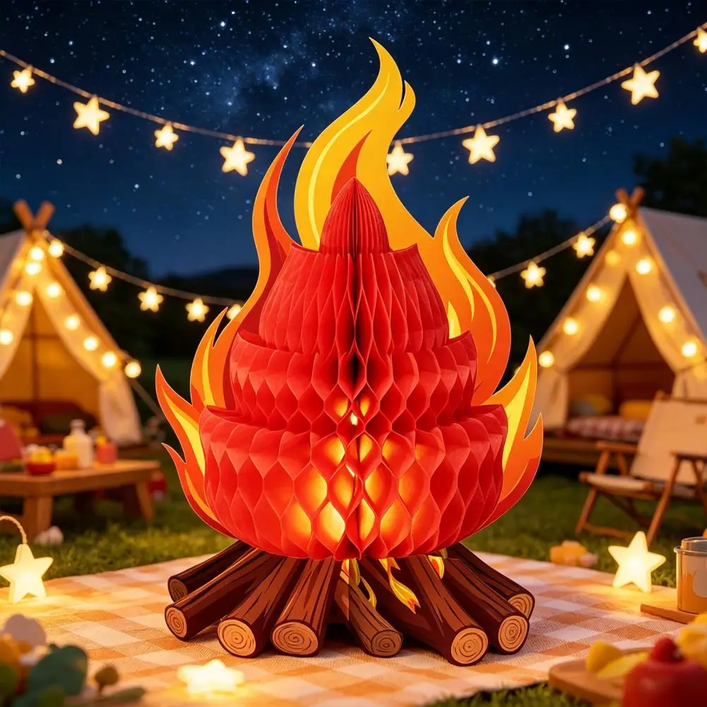 Honeycomb Campfire Decoration Fake Campfire Decoration 3d Paper Honeycomb Centerpiece Artificial Flame Ornament Folding Campfire