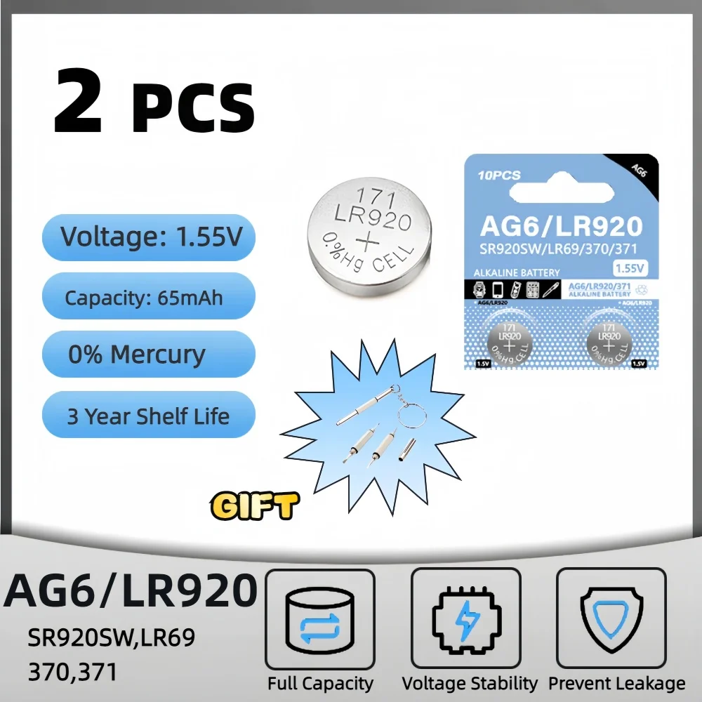 2-10PCS 1.55V AG6 65mAh 371 Knop Batterijen SR920SW LR920 SR927 171 370 L921 LR69 SR920 Voor Horloge Speelgoed Afstandsbediening Munt Beslag