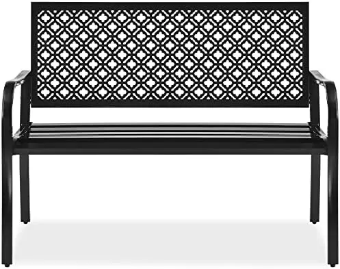 Outdoor Bench 2-Person Metal Steel Benches Furniture for Garden, Patio, Porch, Entryway w/Geometric Backrest, 790lb