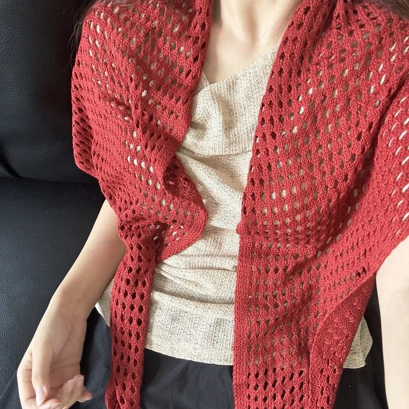 Knitted Hollow Solid Color Shawl Women's New Air-conditioned Room Versatile Neck Protection Sun Protection Foreign Style Scarf
