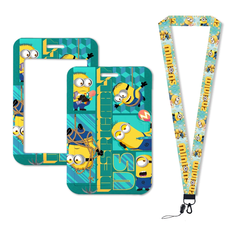 Portatarjetas de Minions de dibujos animados para niñas, funda de tarjeta de puerta, cuerda colgante, soporte de insignia, correa para el cuello, tarjeta de visita, pequeño regalo