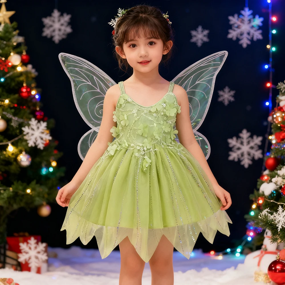 ملابس عيد الميلاد الفاخرة قزم مع أجنحة تينكر الأميرة تأثيري ازياء عيد الميلاد الأخضر ثوب الفتيات فساتين الحفلات كرنفال الهالوين #1