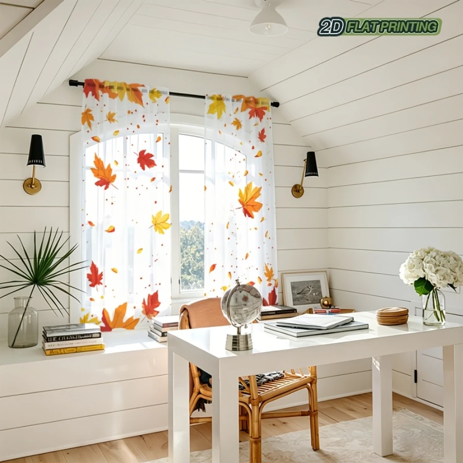 2PCS Digital Print Sheer Curtain, Wind Blowing Leaves, Autumn Fall Seasonal - Voile Drapes for Bedroom Living Room Decor