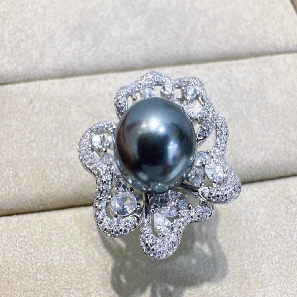 Natural Pearl Ring Sparkling Ice Flower AAAA12-13mm Beautiful Round South Sea Pearl Ring 925s Adjustable Ring