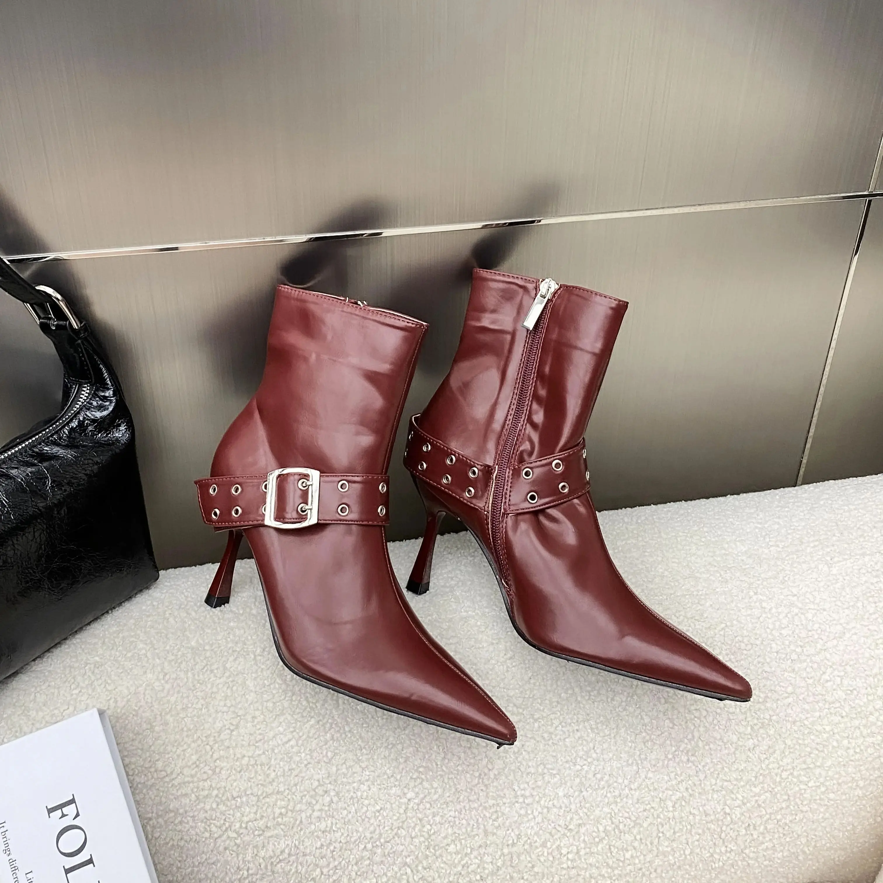 

Wine Pointed Toe Short Boots Ankle High Solid Women Shoes Outdoor Fine Heel Female Pumps Zippers Zapatos Mujer