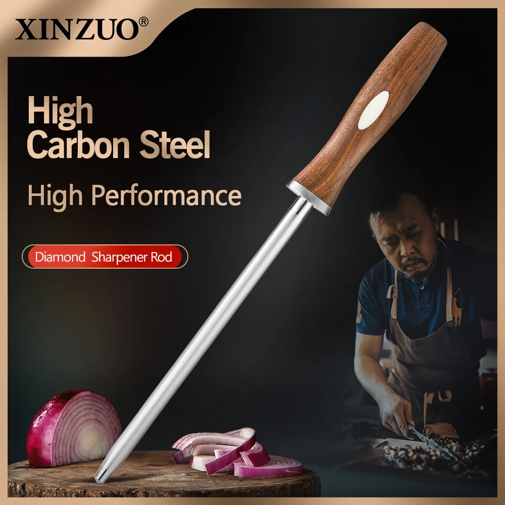 XINZUO Knife 1000# Diamond Sharpening Stick Sharpener Rod High Carbon Steel For Chefs Steel Knives Kitchen Item Black Walnut