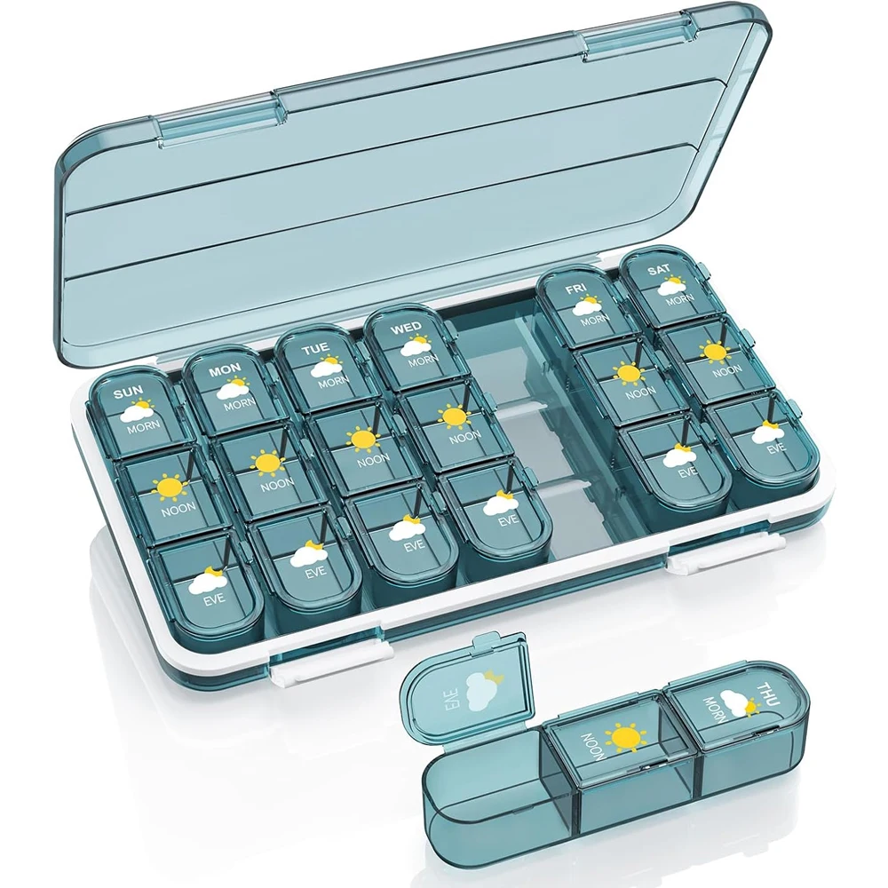 

1 шт. еженедельный органайзер для таблеток, 3/4 раза в день, влагостойкая коробка для таблеток на 7 дней с отделениями 21/28 градусов, возможность вмещания