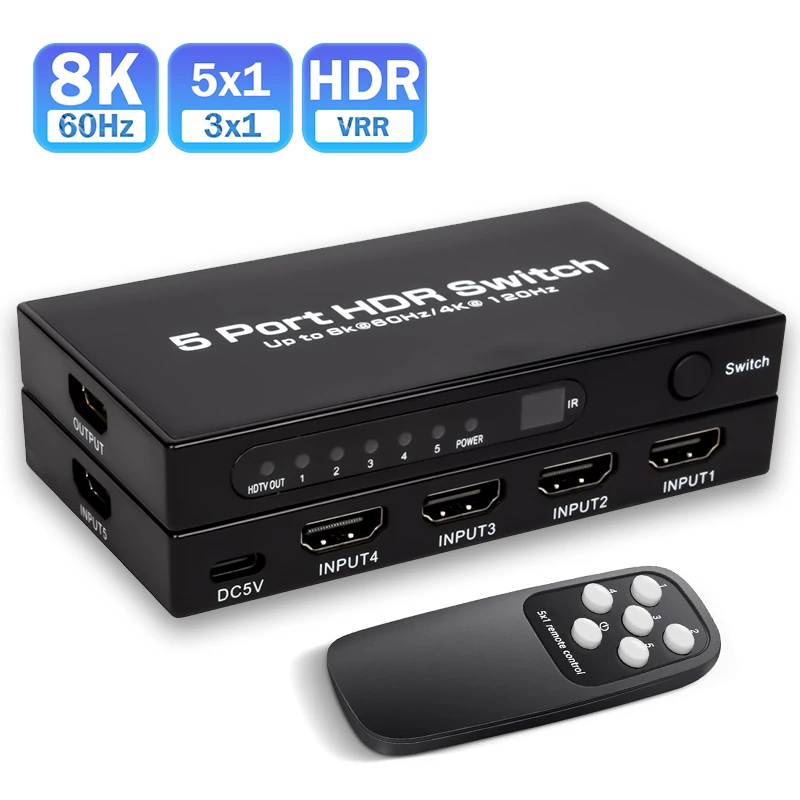 5-Port 8K HDMI Switch 5 in 1 out HDMI 2.1 Switcher Selector 3x1 Video Converter with Remote 4K@120Hz HDR HDCP2.3 for PS5/4 PC TV