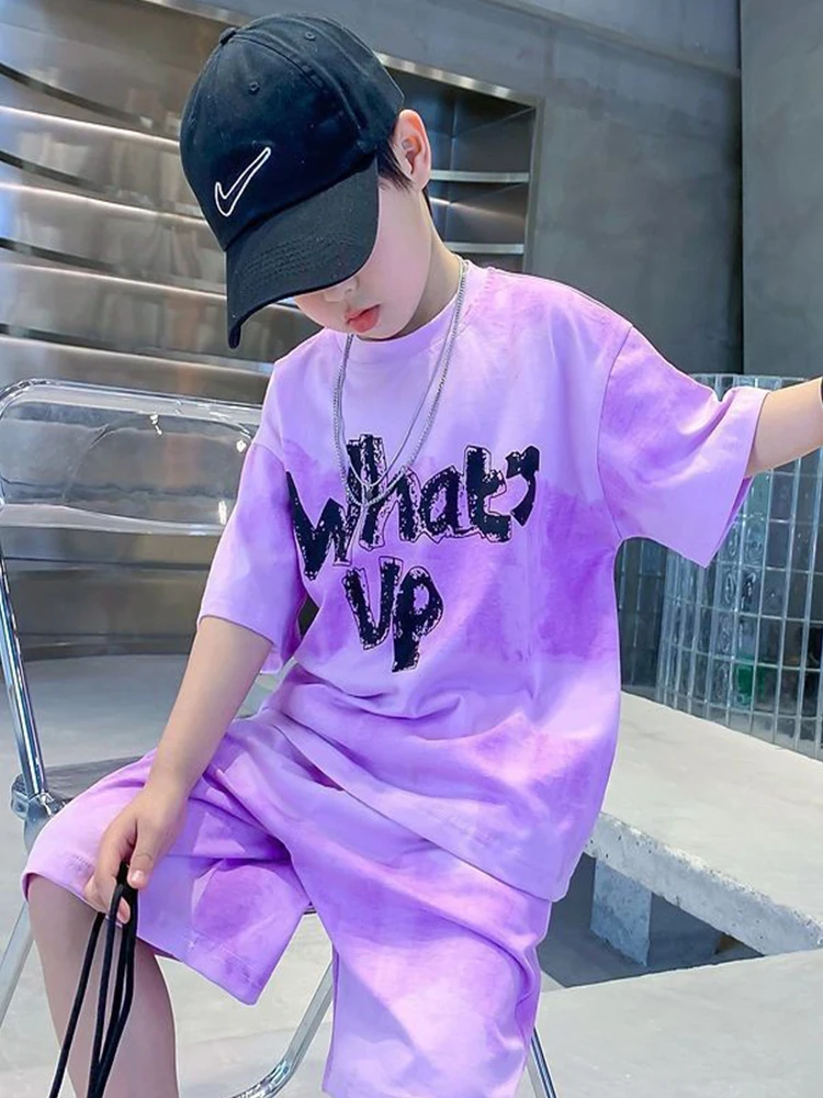 Kids Summer T-shirt+Shorts 2-piece Clothes Set Korean Style Cute Fashion Handsome Letter Print Casual Sports Jersey Suit 1-12 Y